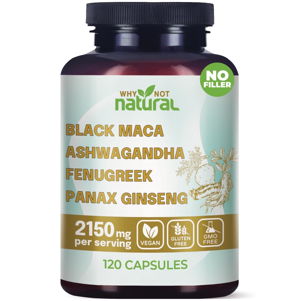 Dlaczego nie naturalne 4 -in-1 Organic Black Maca Root, Ashwagandha, Fenugreek, Panax Ginseng Kapsułki, Suplement dla mężczyzn i kobiet