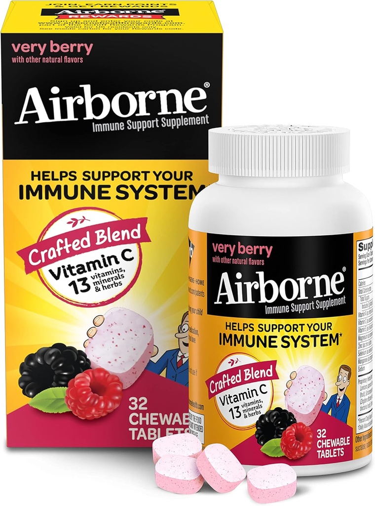 Witamina C 1000mg (na serwowanie) bardzo jagodowe tabletki do żucia (32 liczenie w pudełku), suplement immunologiczny bez glutenu, z witamin A C E, ZINC, Selenium, Echinacea & Ginger, Przeciwutleniacze