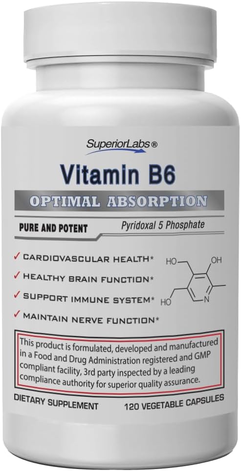 Superior Labs Witamina B6 50mg, Pure Non-GMO Suplement, Wysoka Absorpcja, Wspiera immunologiczny i układu nerwowego, Funkcje mózgu, Metabolizm i zdrowie serca, Zasadnicze dla produkcji hemoglobiny, 120 Czapki Veg