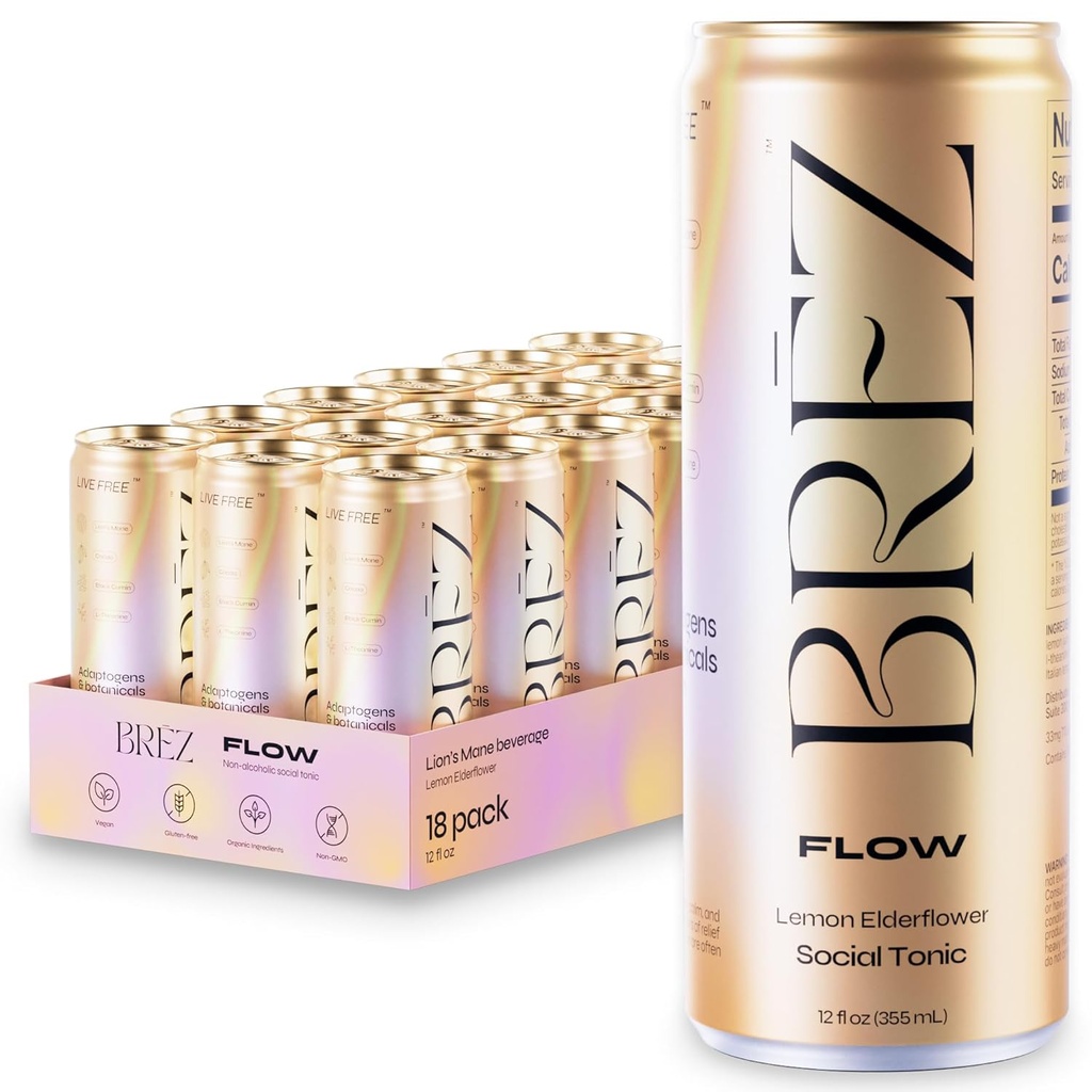 BREZ FLOW Lion 's Mane Mushroom Drink, 18- Pack, Non-Infused, Adaptogens, Relieving, Podnoszenie, i społeczne, musujące Lemon Elderflower Tonic 12 Fl oz