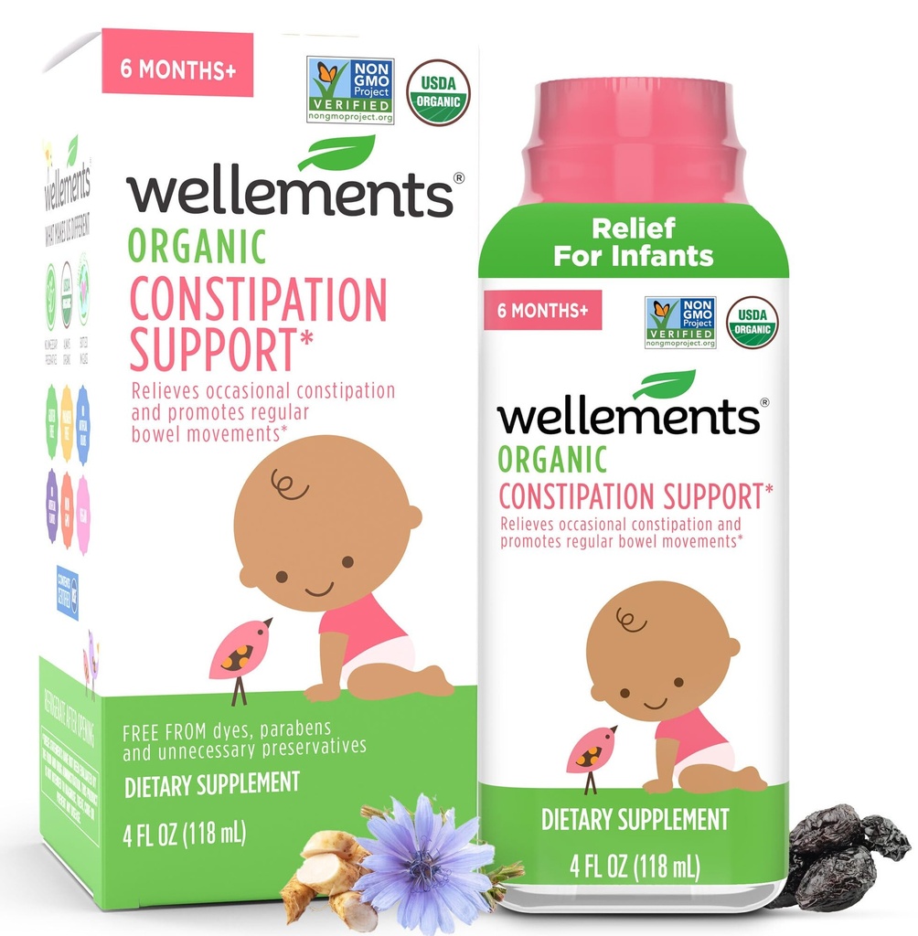 Wellements Organic Convastions Support for 6 Month + Babies & Toddlers (4 Fl Oz) Agregates 124; USDA Certified & Gentle Convastions Relief * for Infants with No Harsh Laxatives with Dispenser