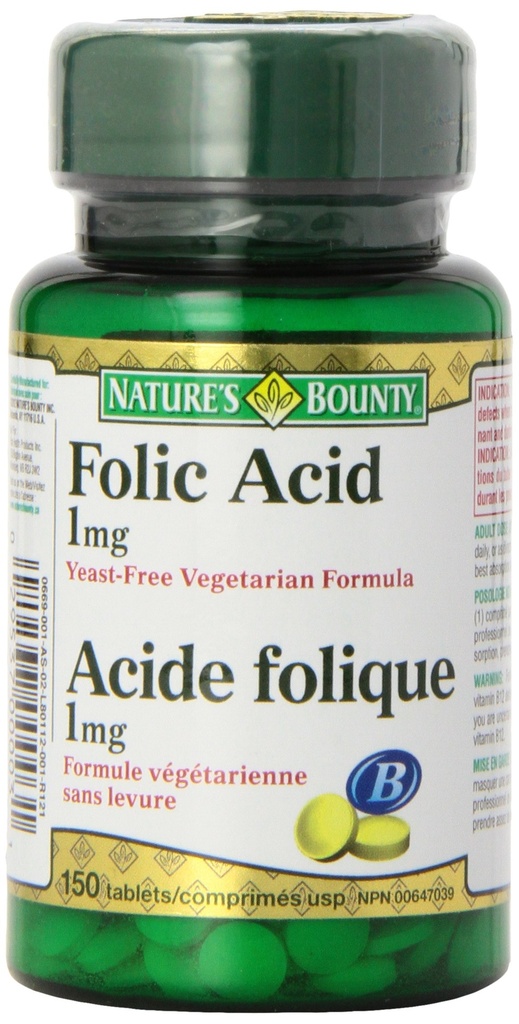 Nature 's Bounty Folic Acid 1 mg 150 tabletek (Opakowanie może Wary)