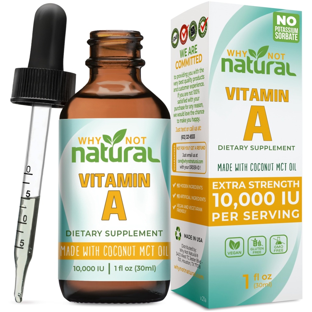 Dlaczego nie Natural Witamina A Drops 10000 j.m. - Liquid retinyl Palmitate with Coconut MCT Oil, Vegan VIT A Supplement for Skin - 1 oz sublingual Tincture