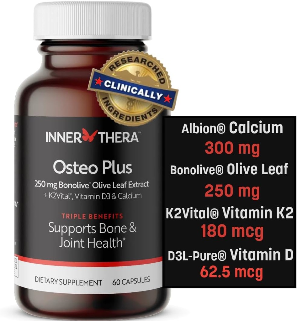 Osteo Plus 4- in-1 Kompleksowy suplement - Wapń z witaminą D3, K2 i Bonolive - Wspiera zdrowe starzenie - Bezglutenowe, Non-GMO, Wegan (60 Count)