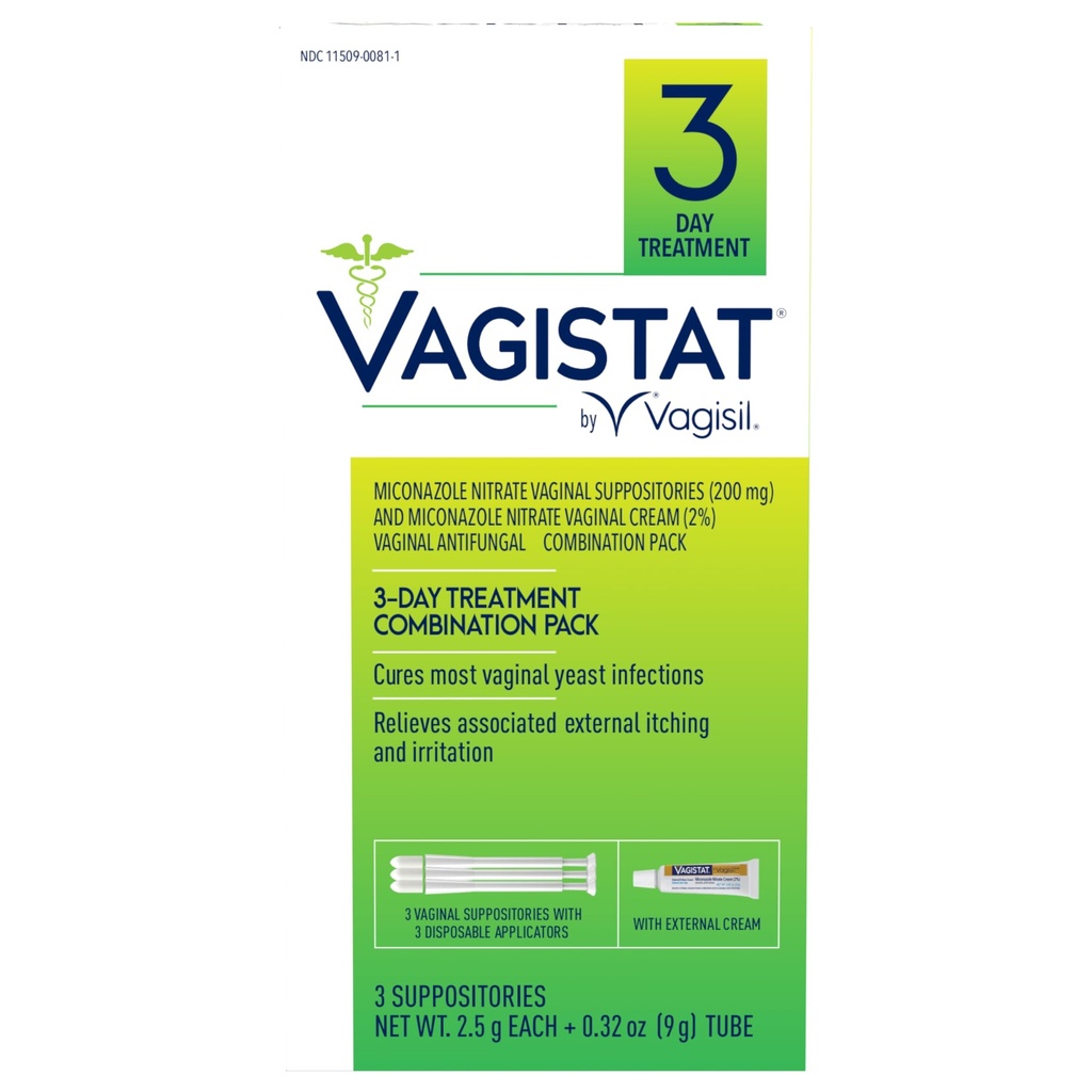 Vagisil Vagistat 3-dniowe leczenie zakażenia drożdży u kobiet, łagodzi zewnętrzne swędzenie i podrażnienie - 2% krem z azotanem Mikonazol zewnętrzny, 3 jednorazowe czopki i aplikatory (opakowanie po 1)