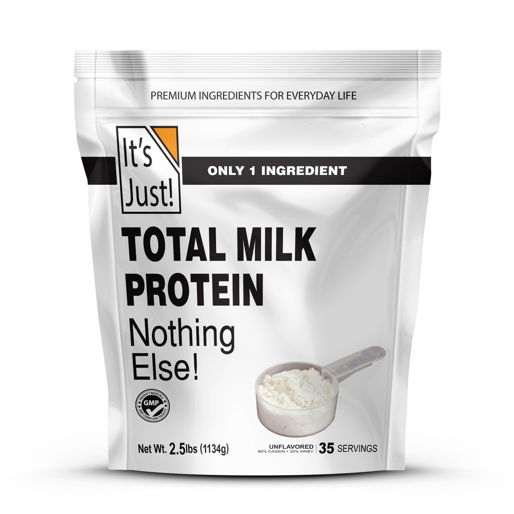 Jest Just! - Całkowita koncentrat białka mleka w proszku (Zawiera: 80% Casein / 20% serwatki), Heavy Metal Tested, No Added Flavors, Non-GMO, Gluten Free (2.5 funt, Unflavored)