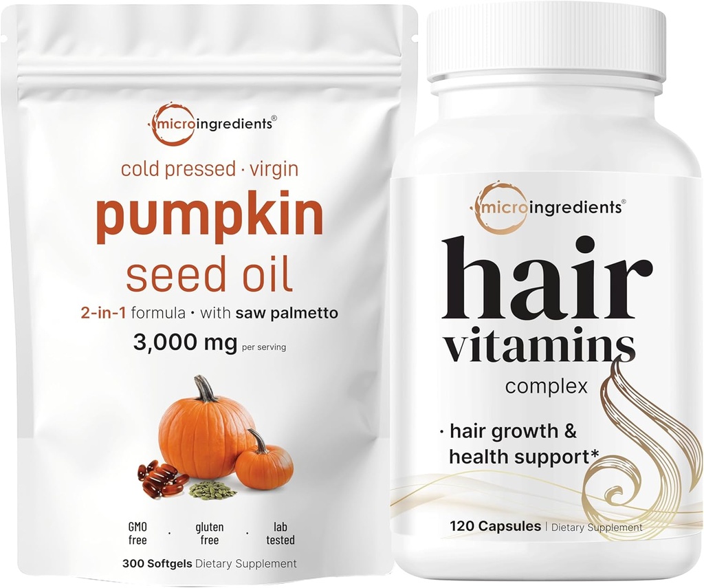 Micro Składniki Nasienie dyni Olej z Saw Palmetto 3,000mg Softgels & Hair Vitamin Complex Kapsułki 124; 2 Pack Bundle Between 124; Cold Pressed Virgin Oil 124; 14- in-1 Support wzrostu włosów z Collagen & Biotin