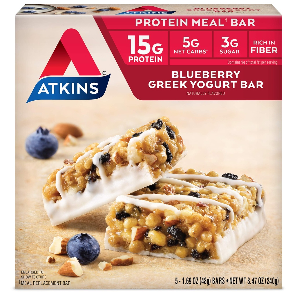 Atkins Blueberry grecki Jogurt Protein Meal Bar, High Fiber, 15 g Protein, 3g Sugar, 5g Net Carbs, Meal Replacement, Keto Friendly, 5 Count