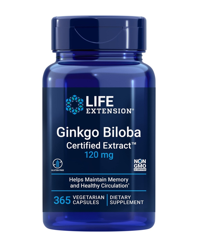 Rozszerzenie życia Ginkgo Biloba Certified Extract ™, 120 mg, Pomaga zachować pamięć i poznanie, Gluten- Free, Non-GMO, Wegetarianin, 365 Kapsułki