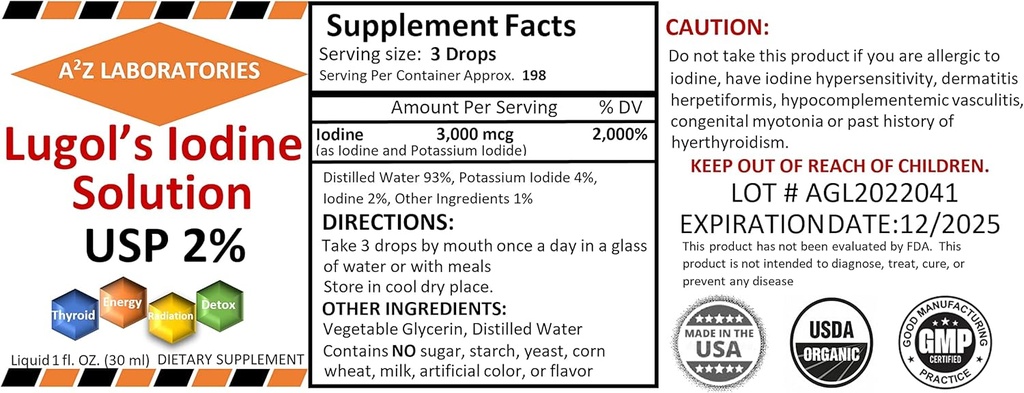 2 x 1 OZ Pack A2Z Organic Lugol 's Iodine and Potate Iodide 2% Solution 3000 mcg - Płynne krople suplementu dla wsparcia tarczycy dla kobiet i mężczyzn, Zdrowie metabolizmu, Detox Boost - 2 x 1 Fl Oz / USA