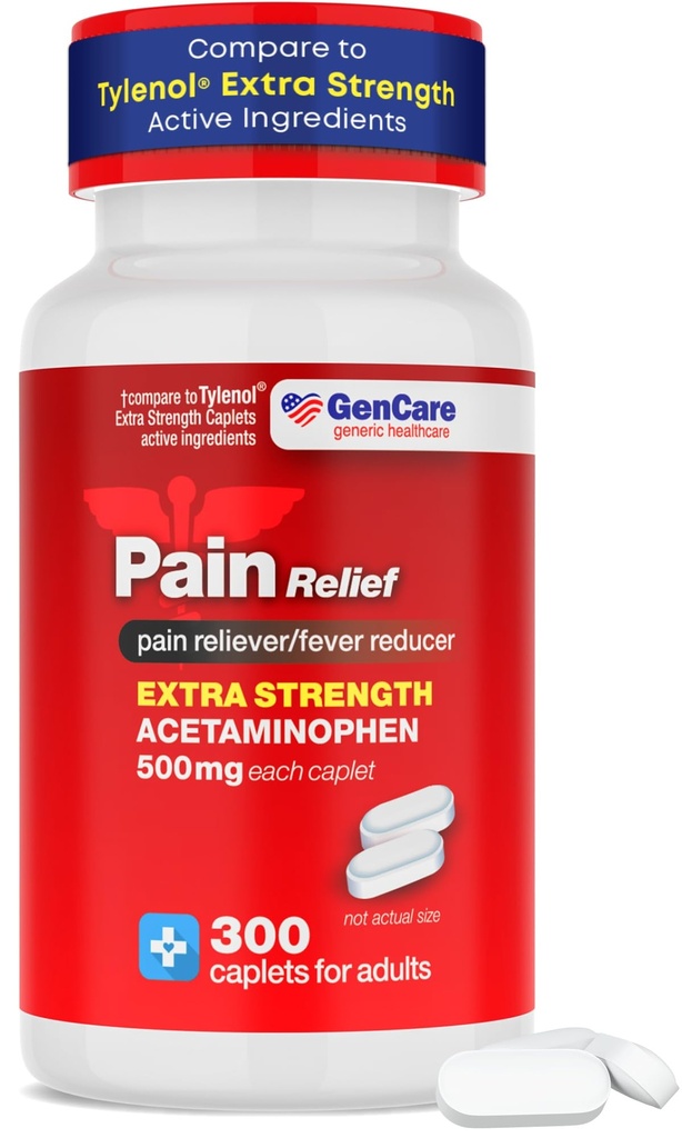 GenCare - Acetaminofen 500 mg Dodatkowa ulga bólowa (300 kapsułek) - Wieloobjawowy środek przeciwbólowy na ból głowy, zatoki, zapalenie stawów, ból pleców Ache, ból zęba, zmniejszenie gorączki, migrena
