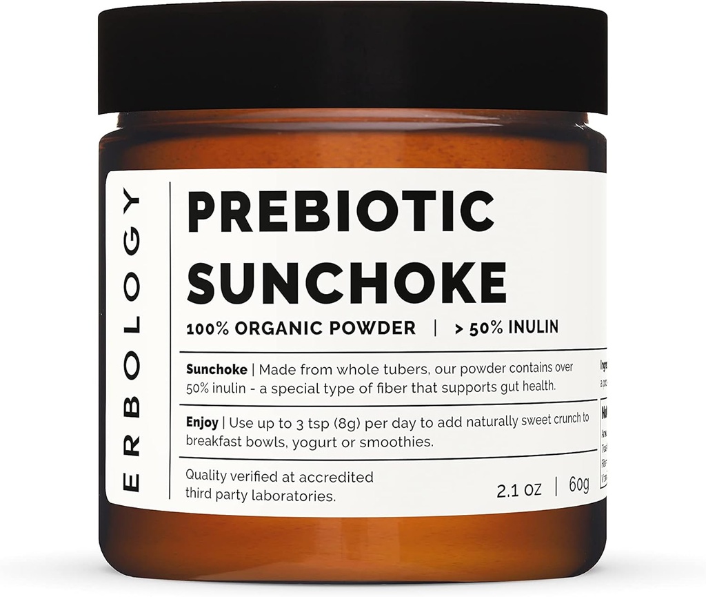 Erbologia Organic Sunduck Powder 2.1 oz - 30 Służenia - 50% Prebiotyczne włókno inulinowe - Wspiera Gut Health i Promotes Diverse Microbiome - Karmić dobre bakterie - Vegan - Gluten- Free - GMO- Free