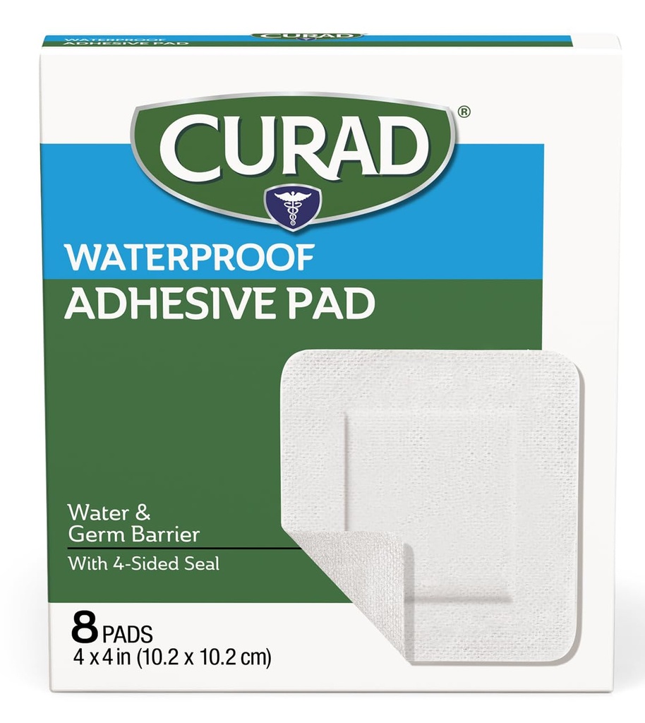 CURAD White Waterproof Adhesive Pads, 4 "x 4", Zaawansowana opieka nad ranami, 1 Box, 8 Count