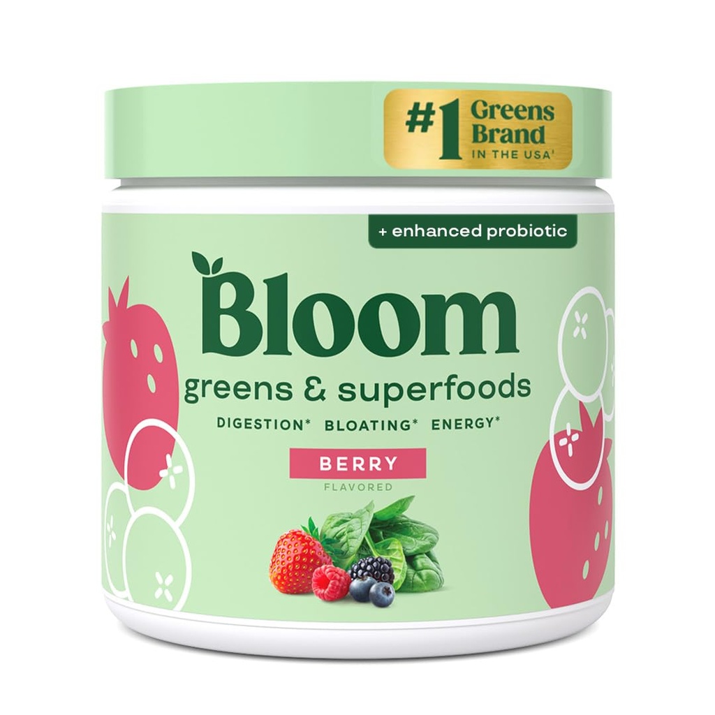 Bloom Nutrition Superfood Zielonych Proszek, Enzymy trawienne z probiotyki i prebiotyki, Gut Health, Bloating Relief for Women, Chlorella, Green Juice Mix z buraka root proszku, 30 SVG, Berry