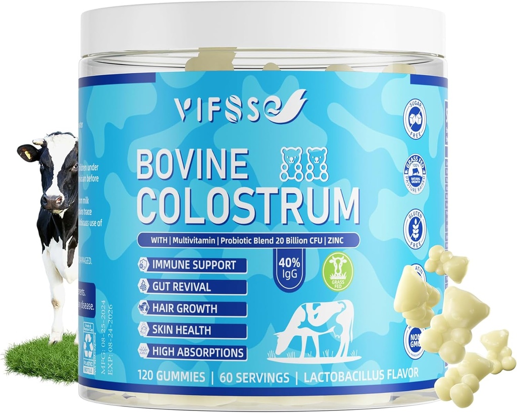 Suplement Colostrum do trawy 2000mg, 120 Gummies Sugar Free 40% IgG Bovine Colostrum Gummies + Probiotic, Multivitamin Etc do wsparcia immunologicznego, Gut Support, Włosy i skóry