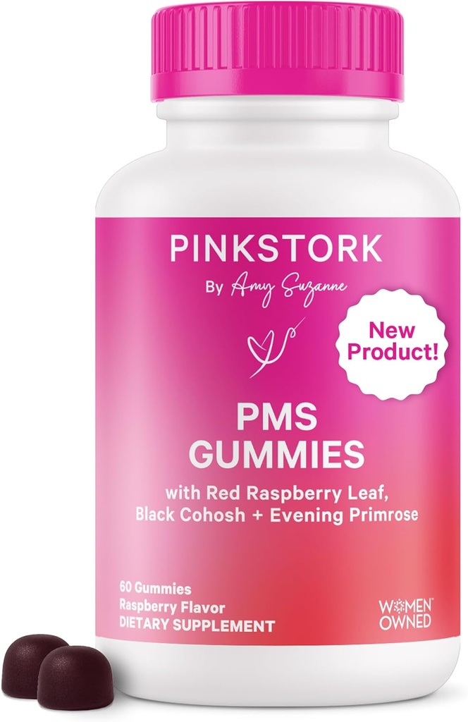 Pink Stork PMS Support Gummies for Women - Red Raspberry Leaf, Black Cohosh, Evening Primrose Oil - Bloating, Cravings, Skin, Mood - Hormonal Cycle Support - 60 Berry Gummies - Vegan, Plant-Based