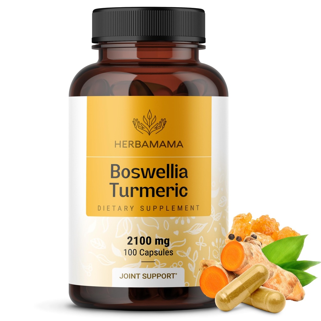 HERBAMAMA Turmeric and Boswellia Extract kapsułki - 2100mg Boswellia Serrata & Turmeric Complex with Black Pepper Extract - Vegan, Non-GMO, 95% Curcuminoids Antioksydant Supplement, 100 Caps