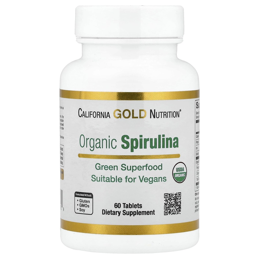 California Gold Nutrition Organic Spirulina Suplement, Wyposażony w zieloną Superfood z antyoksydantami, Wegan Friendly, Gluten Free, Non-GMO, 500 mg, 60 Tabletki