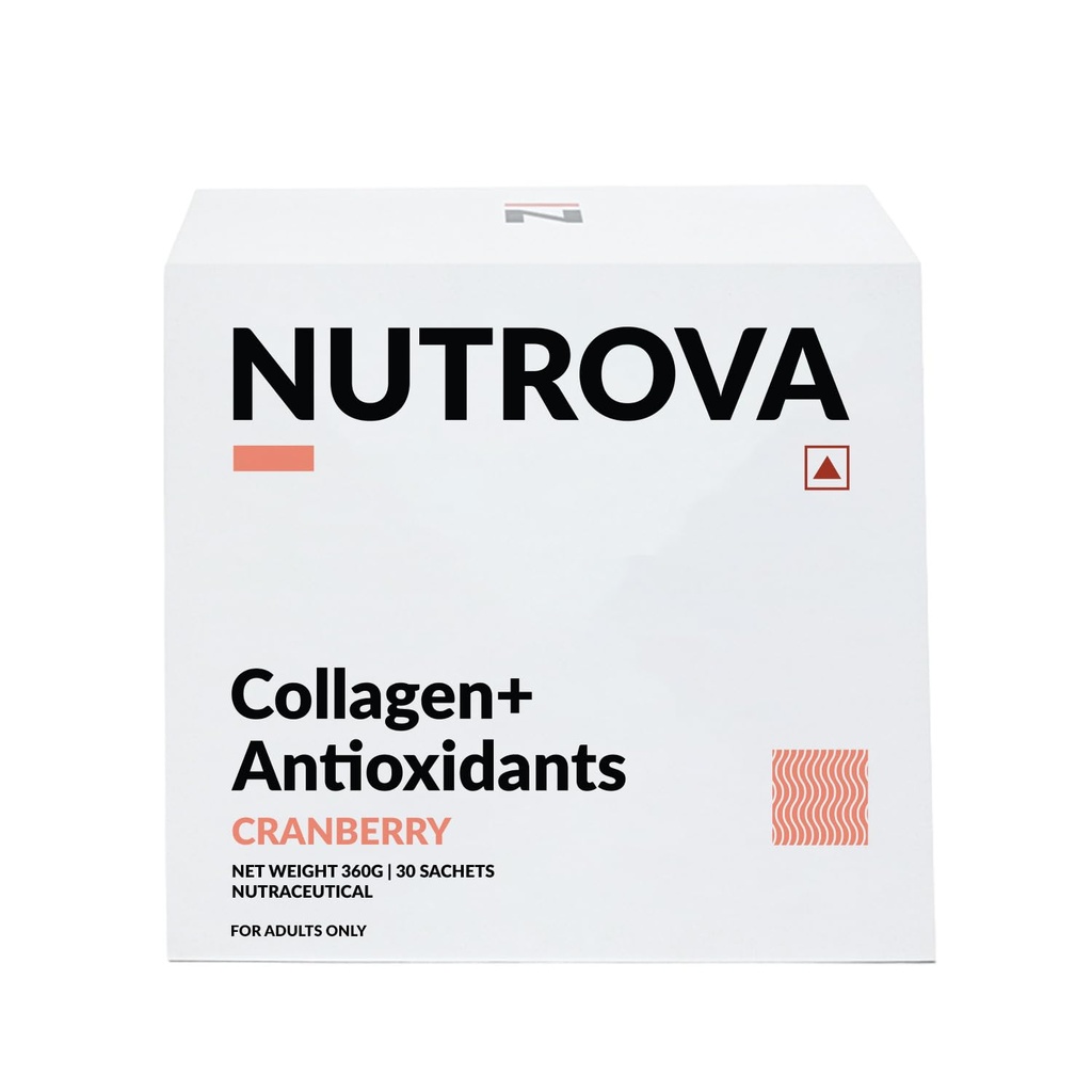 NUTROVA Collagen + Suplement przeciwutleniaczy - z Marine Collagen Proszek dla mężczyzn i kobiet, Zwiększa Nawodnienie skóry, Zmniejsza uszkodzenia skóry, Wspiera zdrową skórę, Włosy i paznokcie, Żurawina, 1 liczba, 30 Służenie