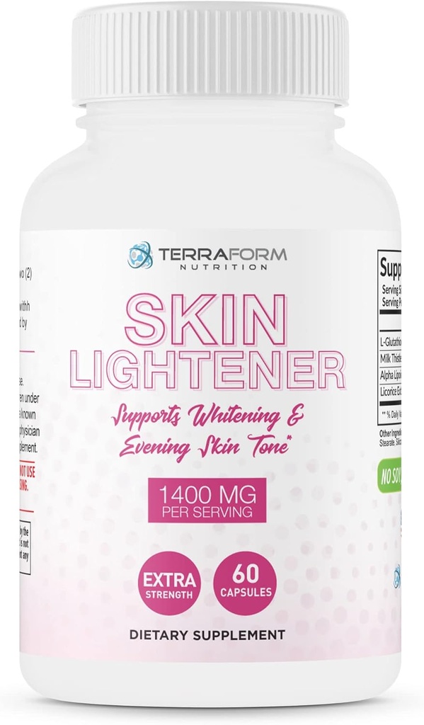 TerraForm Nutrition Skin Lightening Supplement, Glutathione 1000mg per Serving, Clears and Evens Skin Tones, Pomaga Clear Up Dark Spots i trądzik Blizny - 30 Sługi