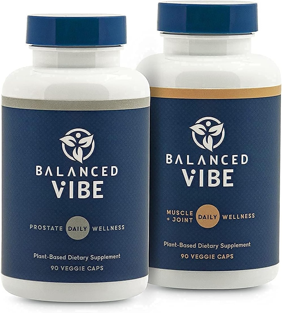 Balanced Vibe Men 's Bundle - Prostate and Muscle + Joint Herbal Supplement - Natural Support for Joint Wellness, Mobility, Promote Sleep, pomaga zmniejszyć częste oddawanie moczu i pilności - 90 Caps Ea