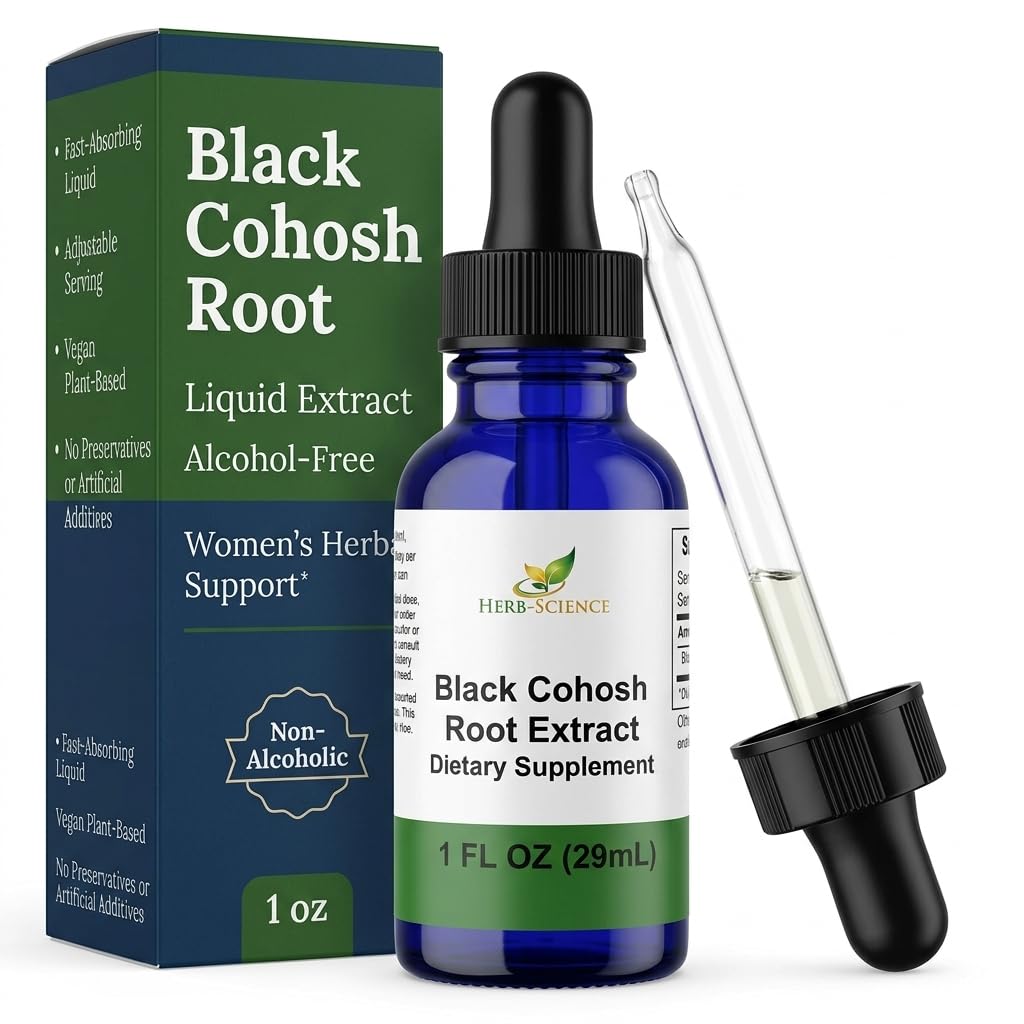 Czarny korzeń Cohosh - wspomaga menstruacyjną ulgę, menopauzę ulgę, zdrowe ciśnienie krwi, cyrkulacja - ekstrakt płynny wolny od alkoholu, 1 oz - Herb- Nauka