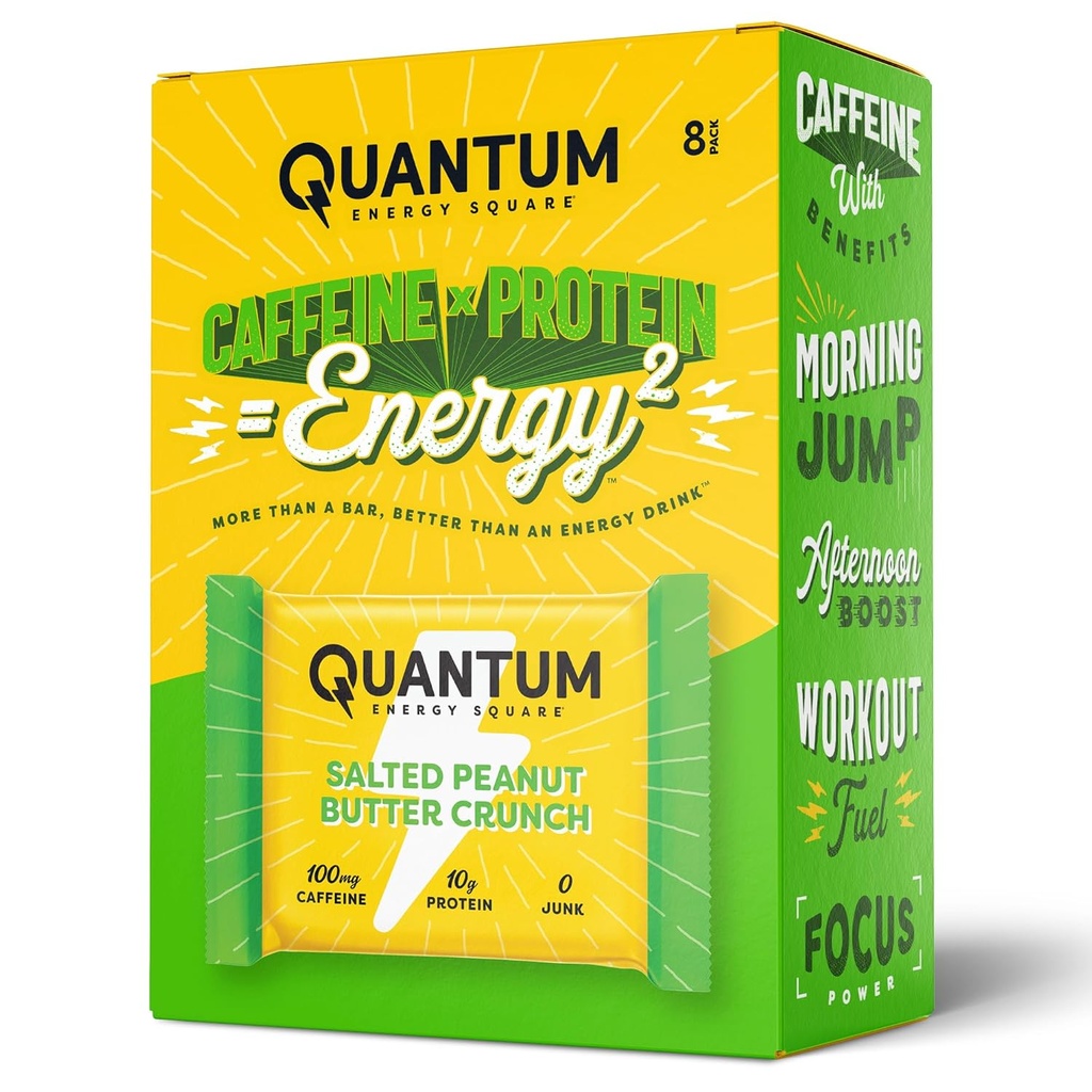 Quantum Energy Square: Energy Bar z kofeiną & 10 g białka. Pyszne zdrowe przekąski On The Go. (Wegańskie, Gluten- free, Soy- free, Dairy-free) (Salted Peanut Butter Crunch)