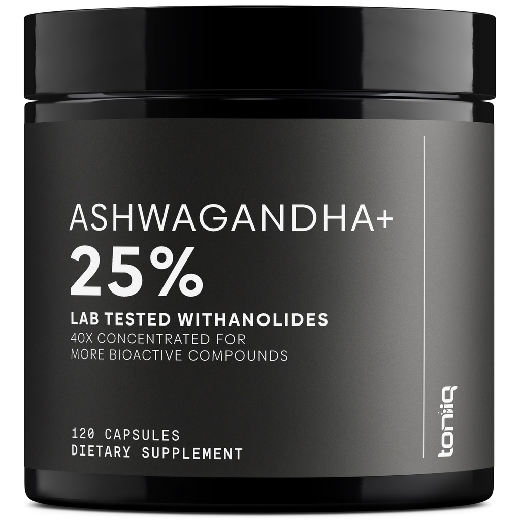 Toniiq Ashwagandha - 40: 1 koncentrat ekstrakt - 25% Withanolides - Wild Hardeserved in India - Wysoko Biodostępny z Black Pepper - Third- Party Tested - 120 Kapsułki - 1,300mg na Serving