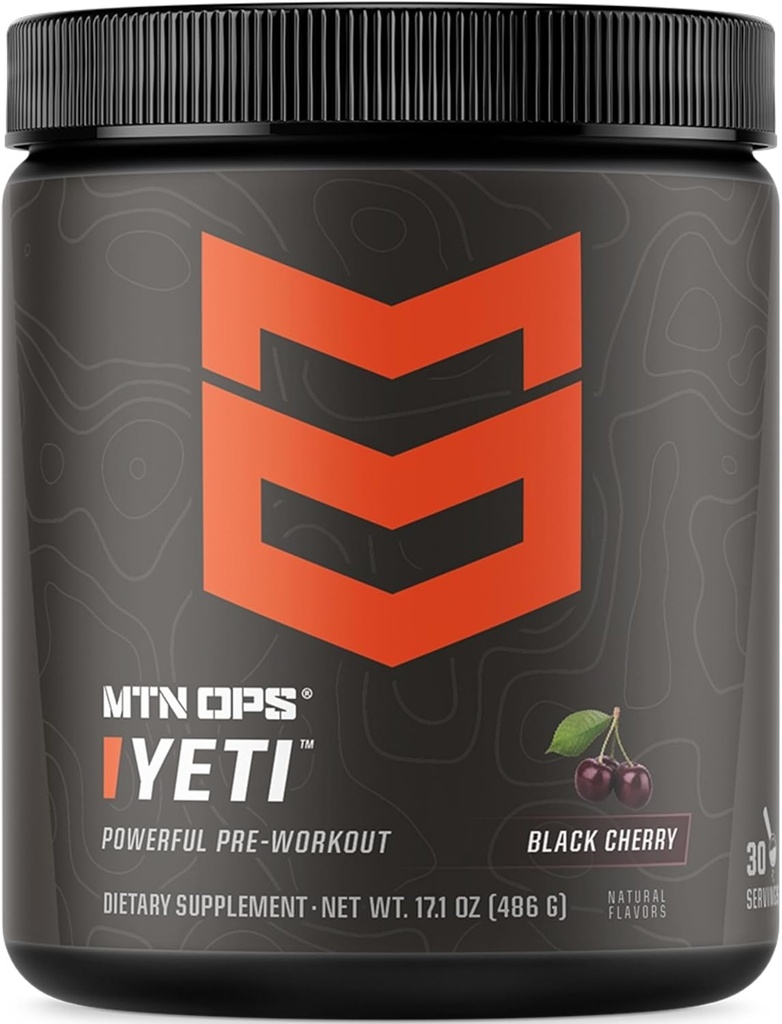 MTN OPS Yeti Wstępny trening proszku napój energetyczny z kreatrą, 200mg kofeina i BCAA z Beta Alanine, 30- serving Tub, Black Cherry