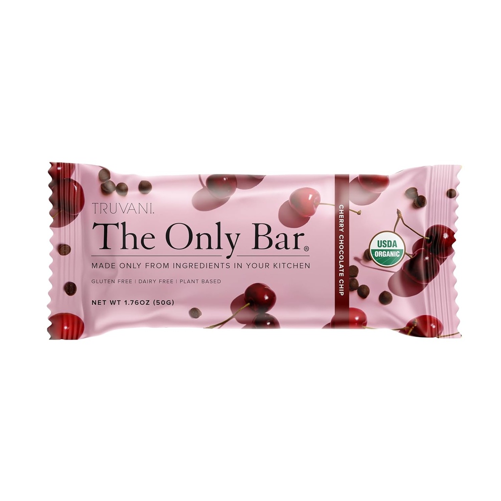Truvani Plant Based Snack Bars: 124; Cherry Chocolate Chip 1 Pack: 124; 5g Protein: 124; USDA Organic and Vegan: 124; The Only Bar Agregates 124; Dairy, Soy, and Gluten Free: 124; Indywidualnie zapakowane