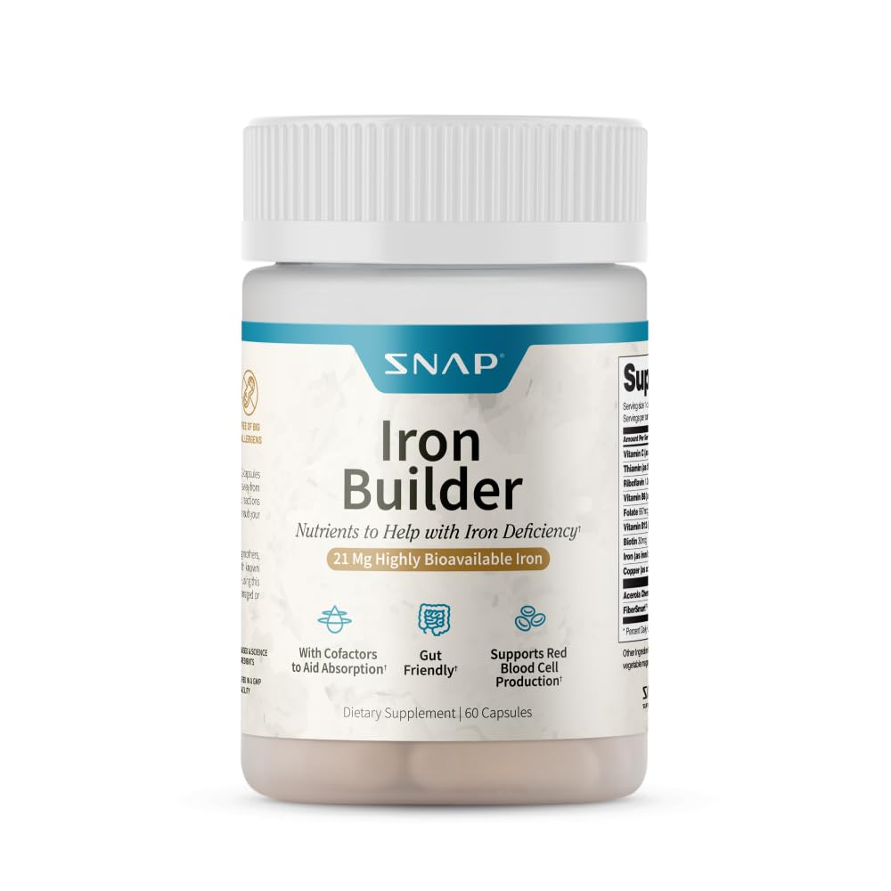 Supplements Snap Natural Iron Builder Supplements, 21mg Iron Pills do zwiększenia energii, Metabolizm i trawienie, Absorbuje szybko Witaminy Organiczne składniki odżywcze (60 Kapsułki)