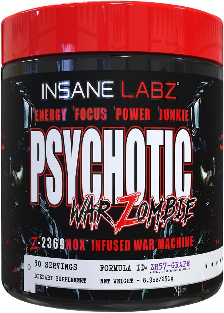 Psychotyczna wojna w Labz Zombie Wysoka stymulant przed treningiem Proszek, Ekstremalna energia lasting, Skup i pompa z Beta Alanine, L- Arginina, 30 Sług (Grape)