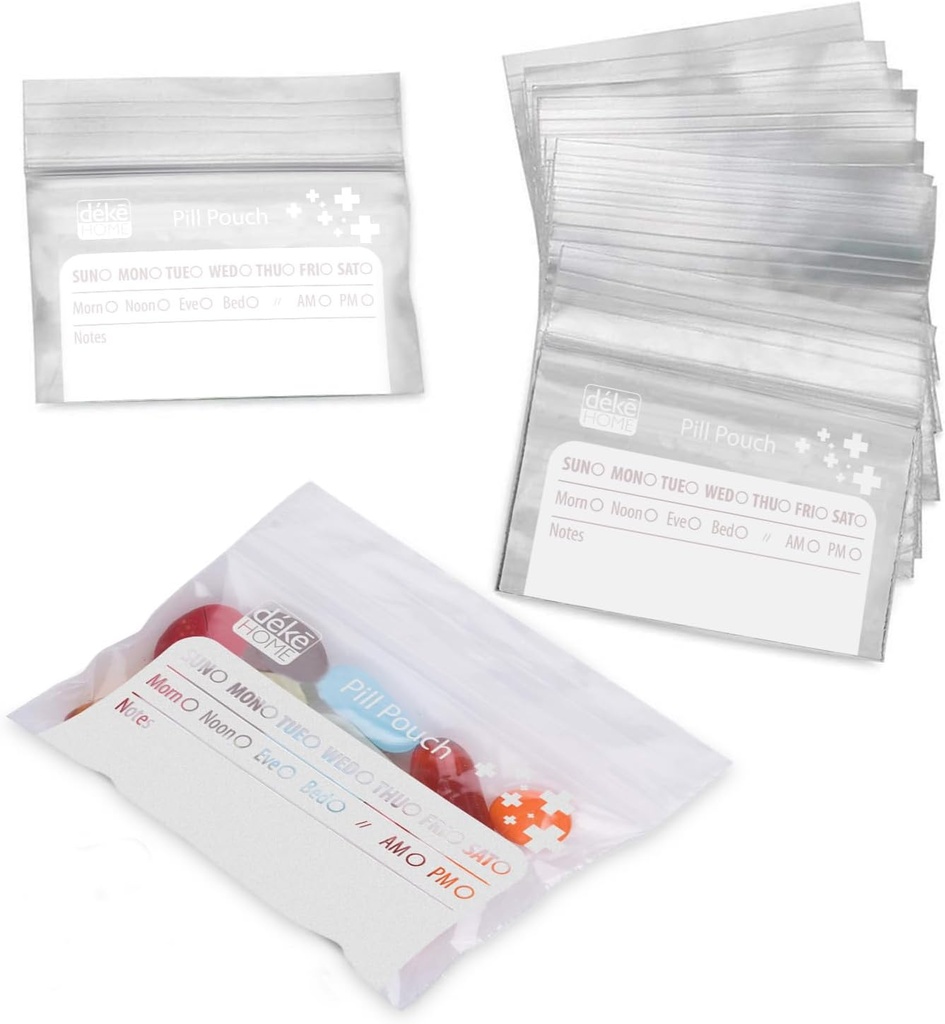Deke Home - 100 Pack przezroczyste torby Resealable Pill (4x2.75 in), Travel Medicine Pouches with Write- On Label, BPA- Free Disposible Pill Organizer for Medications, Vitamin & Supplements