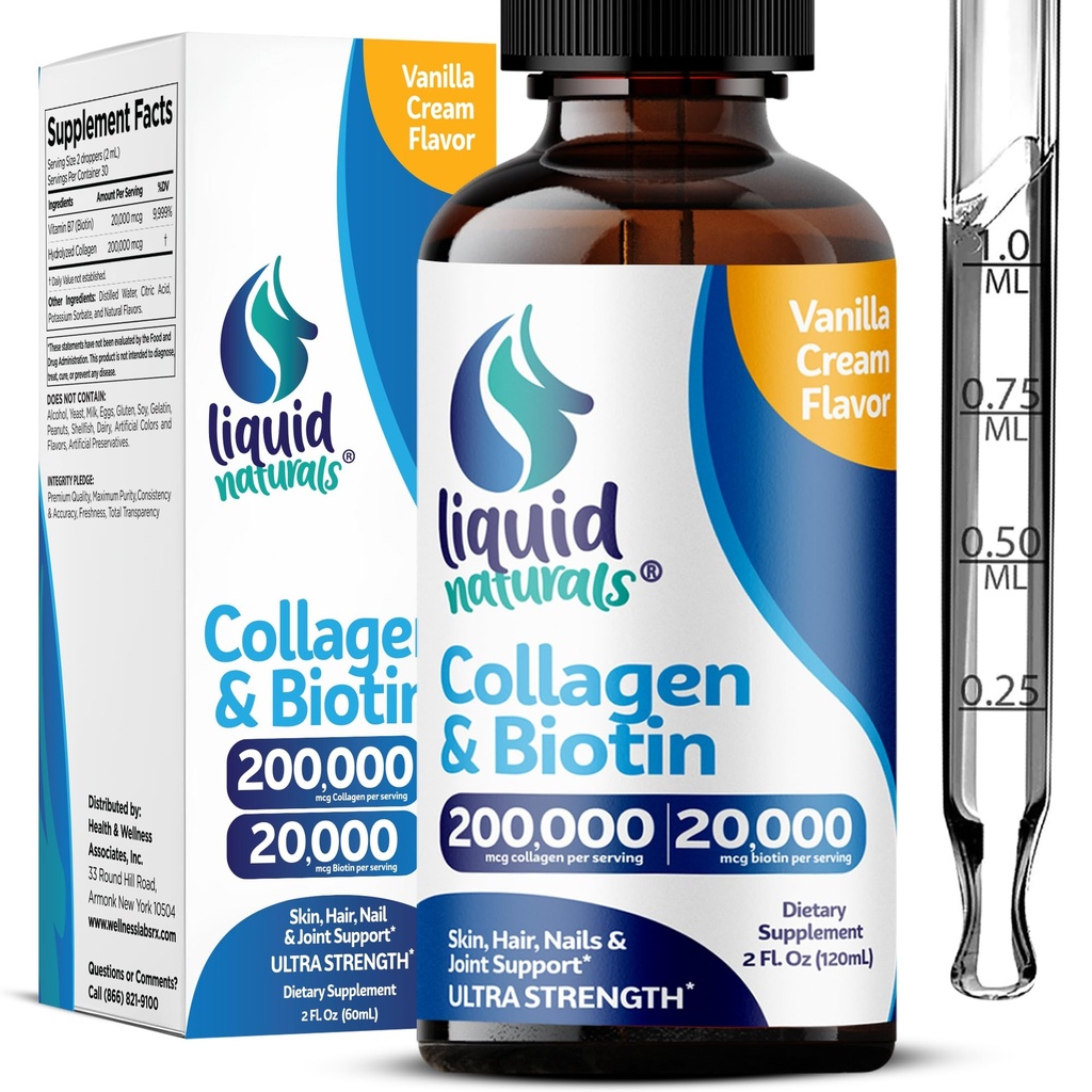 Liquid Collagen and Biotin, 2 Fl. Oz, Ultra- Siła Collagen Peptydy dla kobiet, Trzyczęściowy Tested Biotin dla kobiet wzrostu włosów, paznokci i Witaminy skóry B7 Collageno Peptydes - Vanilla Flavor