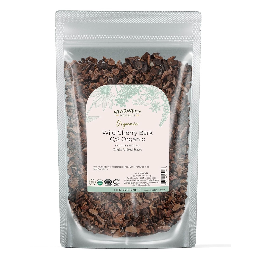 Starwest Botanicals Wild Cherry Bark Organic - Suszony Loose Leaf Herb na herbatę, Syrop, & Naturalne mieszanki ziołowe, Prunus Serotina, Cut & Sifted, Certified Kosher, Non-GMO - 4 oz Pouch