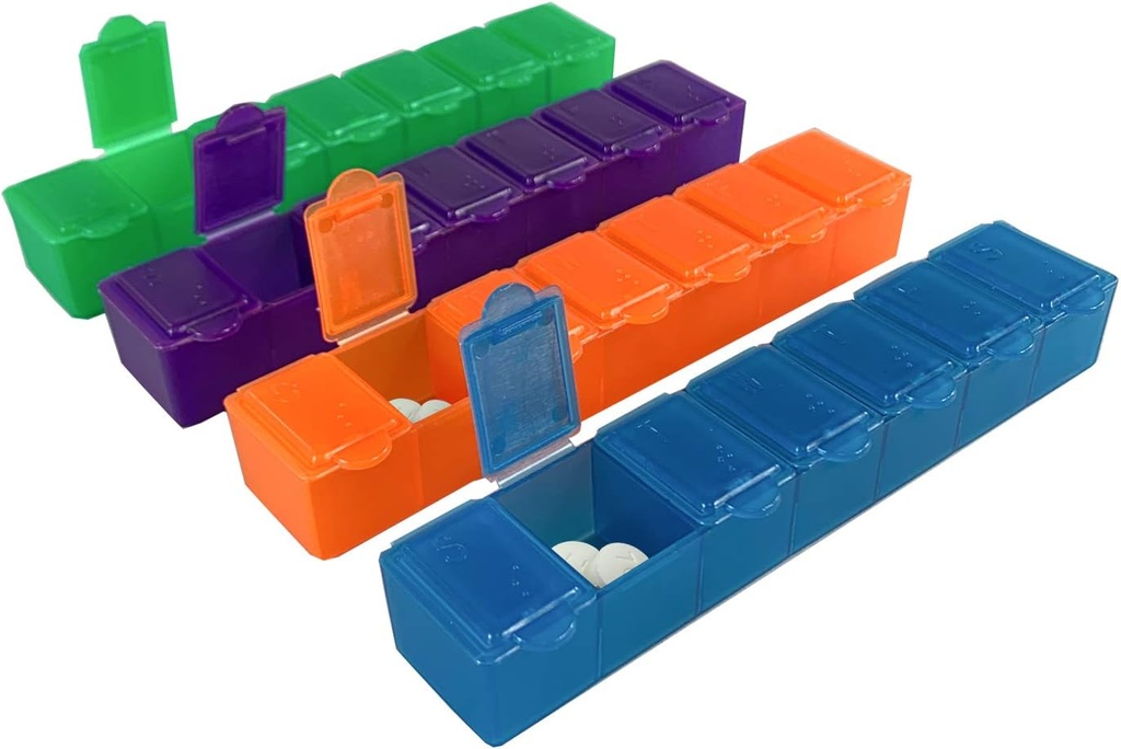 USA Merchant - 7 Day Pill Box Małe z Snap Close Lids - Cotygodniowy Pill Organizator 4 razy dzień lub 28 Dzień Dispenser - Pochodzi z 4 Oddzielne 7 Day Pill Container dla witamin, suplementów i medycyny
