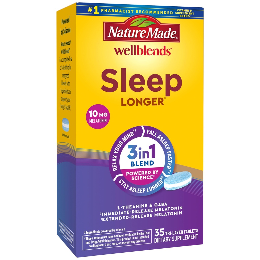 Nature Made Wellblends Sleep Longer, Melatonin 10mg, L theanine 100 mg, i GABA 100mg, suplement do snu, 35 tabletek z warstwą trójwarstwową