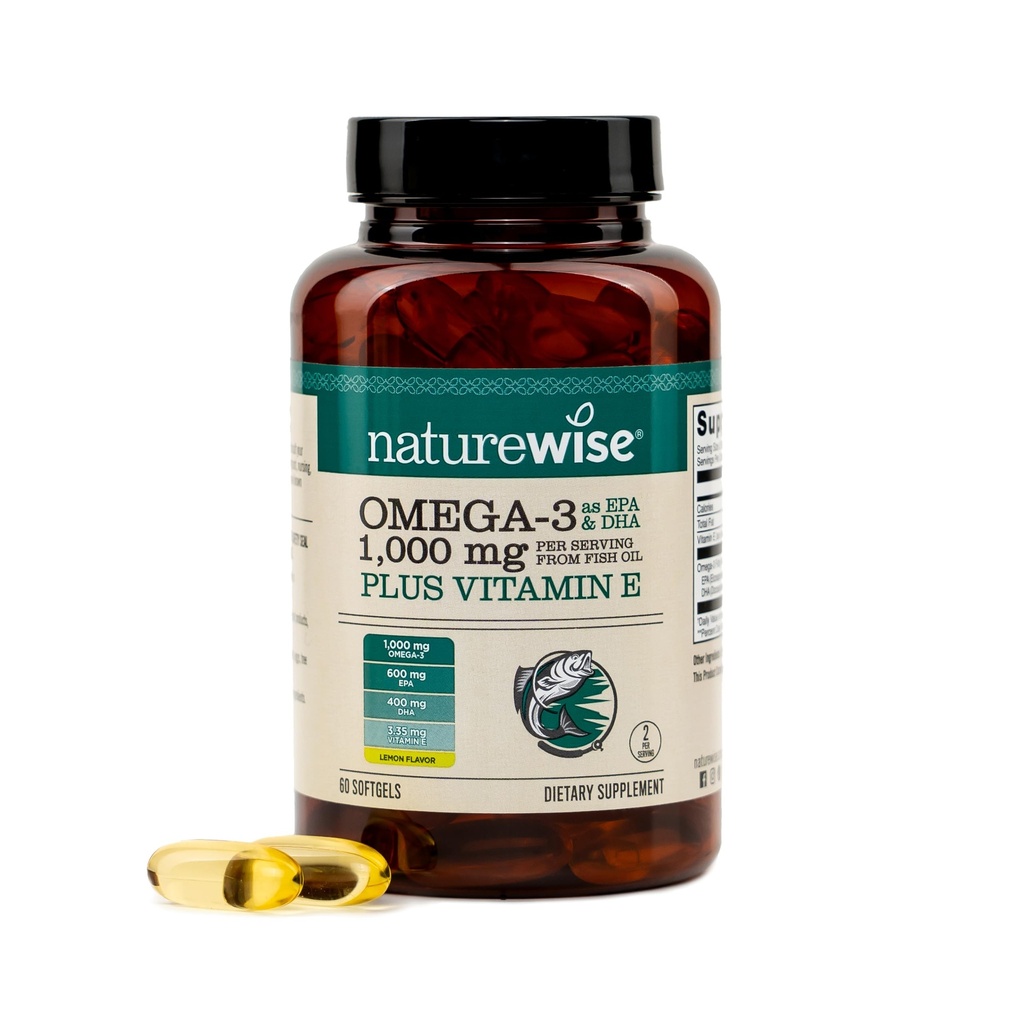 NatureWise Extra- Siła Omega 3 Suplement oleju rybnego - 1000mg na serwowanie - 600 EPA & 400 DHA i witaminy E - Wsparcie dla Heart & Brain Health - Lemon Flavor, GMO- Free - 60 Softgels [1- Month Supply]