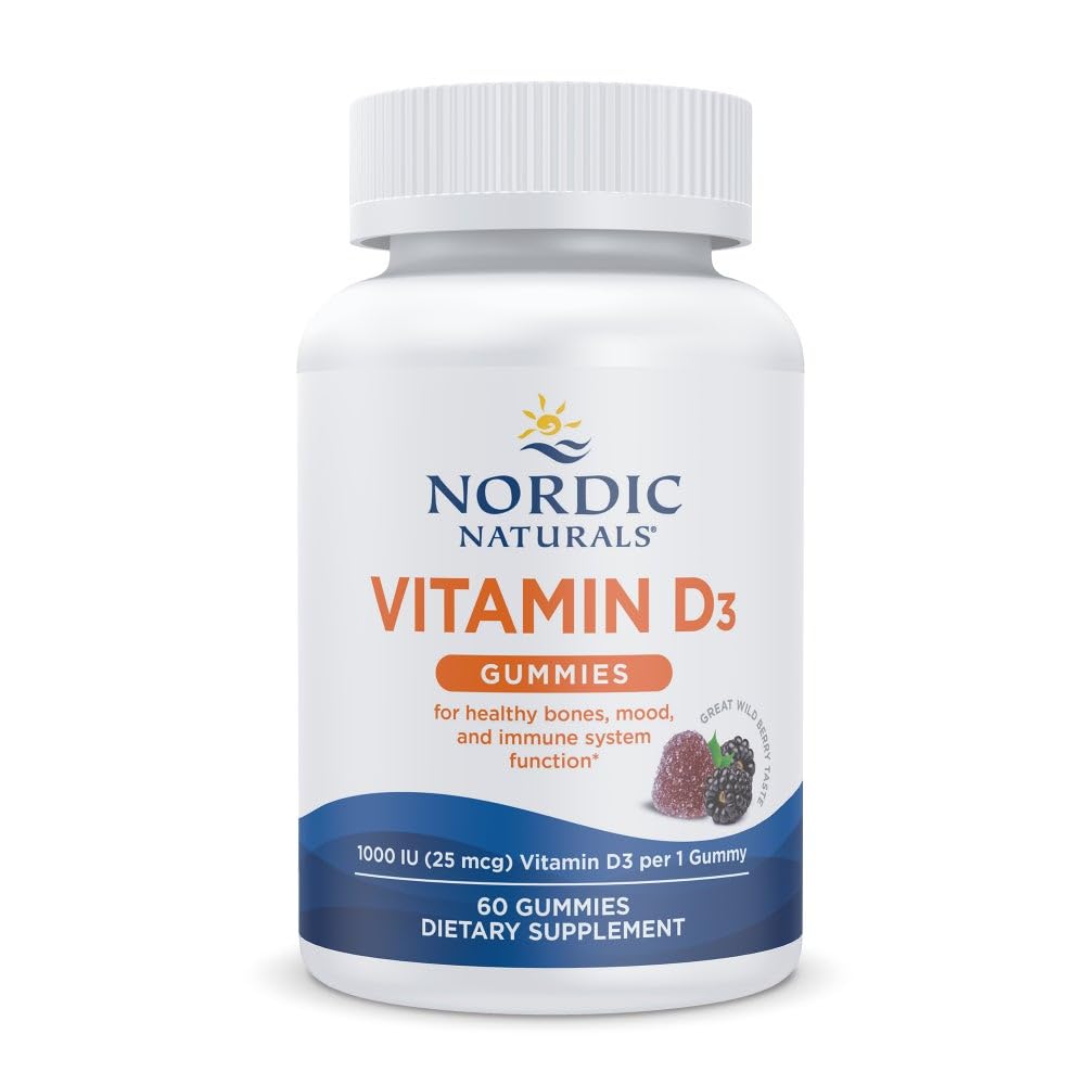 Nordic Naturals Witamina D3 Gummies, Wild Berry - 60 Gummies - 1000 IU Witamina D3 - Wielki smak - Zdrowe kości, Mood & Immune System Function - Non-GMO - 60 Służenie