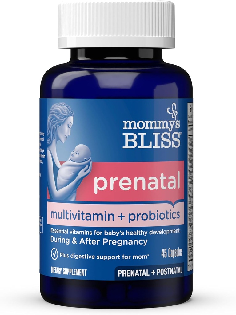 Mamuśka Bloss Prenatal Multivitamin + Probiotyk dla kobiet w / Kwas foliowy, Wspiera rozwój dziecka i trawienie mamy w / Cynk, Witamina B6 & B12, Ginger & Cholina, Wegan & Gluten Free (45 Sługi)