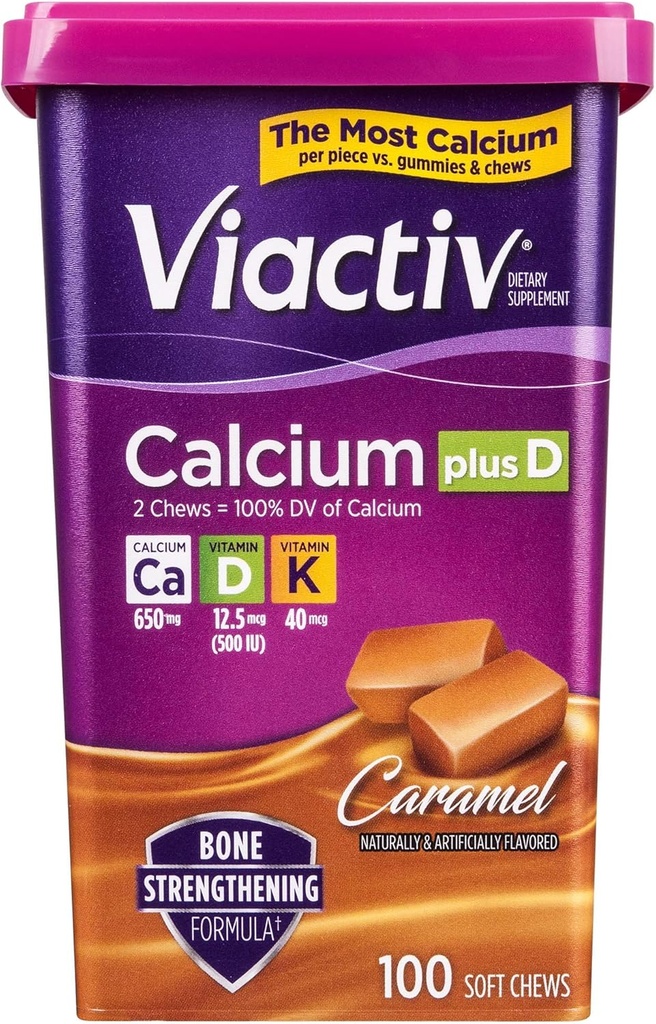Viactiv Wapnia Plus witamina D Suplement Miękkie żucia, Karmel, 100 Hrabia