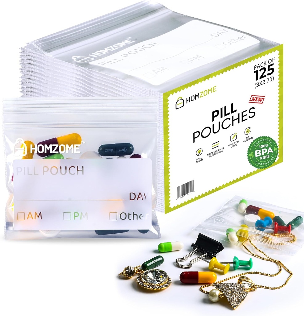 Torby na pióro 6 mil -Opakowanie 125- BPA Free 3x2,75 cala Ponownego Używalne Pouches na medycynę z napisami na etykietę Wyczyść małe torby na ziplock na tabletki, Biżuteria i Travel Pill Organizer (Pack of 125)