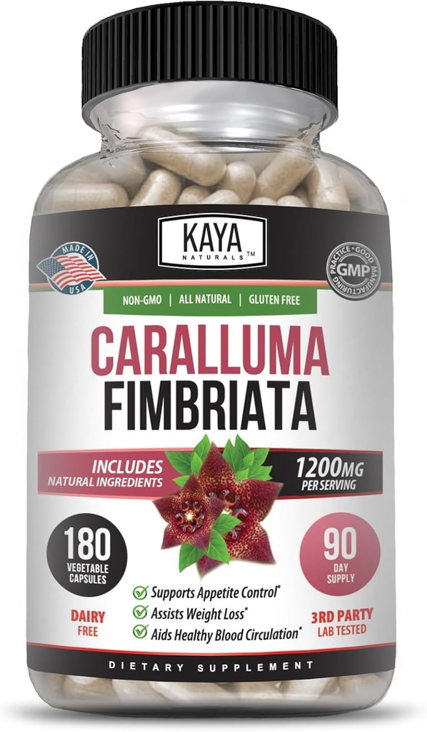 Kaya Naturals - Caralluma Fimbriata 1200mg High Potency Supplement Equipment 124; Maksymalna siła Naturalne wsparcie wytrzymałości, Kapsułki wegetariańskie (180 Hrabia)