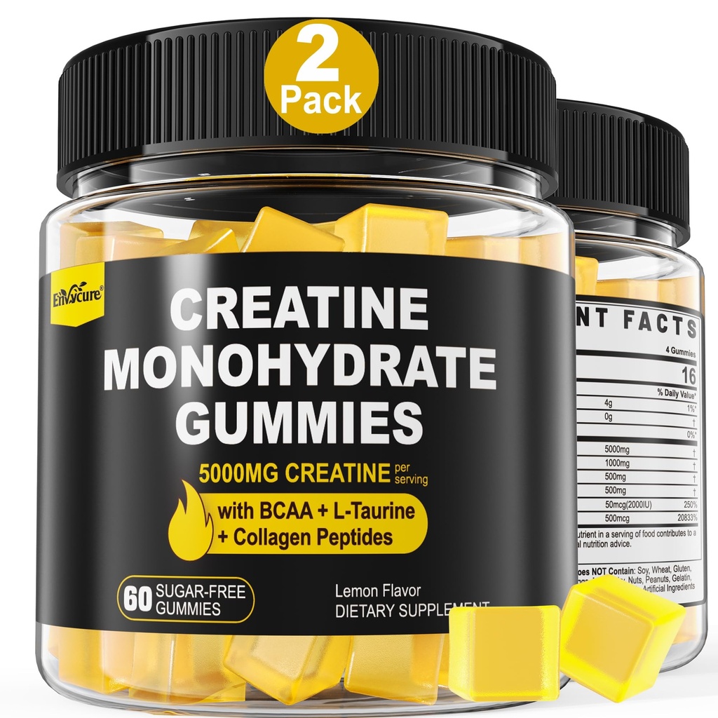 Jednowodzian kreatora Gummie dla mężczyzn i kobiet - z BCAA, Kolagenowe Peptydy, L- Tauryna, Witamina B12, D3, Chewables Monohydrat kreatryny 5g na porcję, Naturalny aromat cytryny, Cukier wolny, 2 opakowania