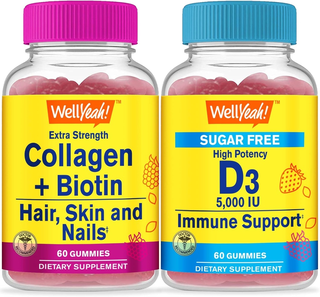WellYeah Collagen + Biotin + witamina D3 5000 IU bez cukru, Gummies Bundle - Great Desting, Suplement witaminy, Gluten Free, GMO Free, Gummy do żucia