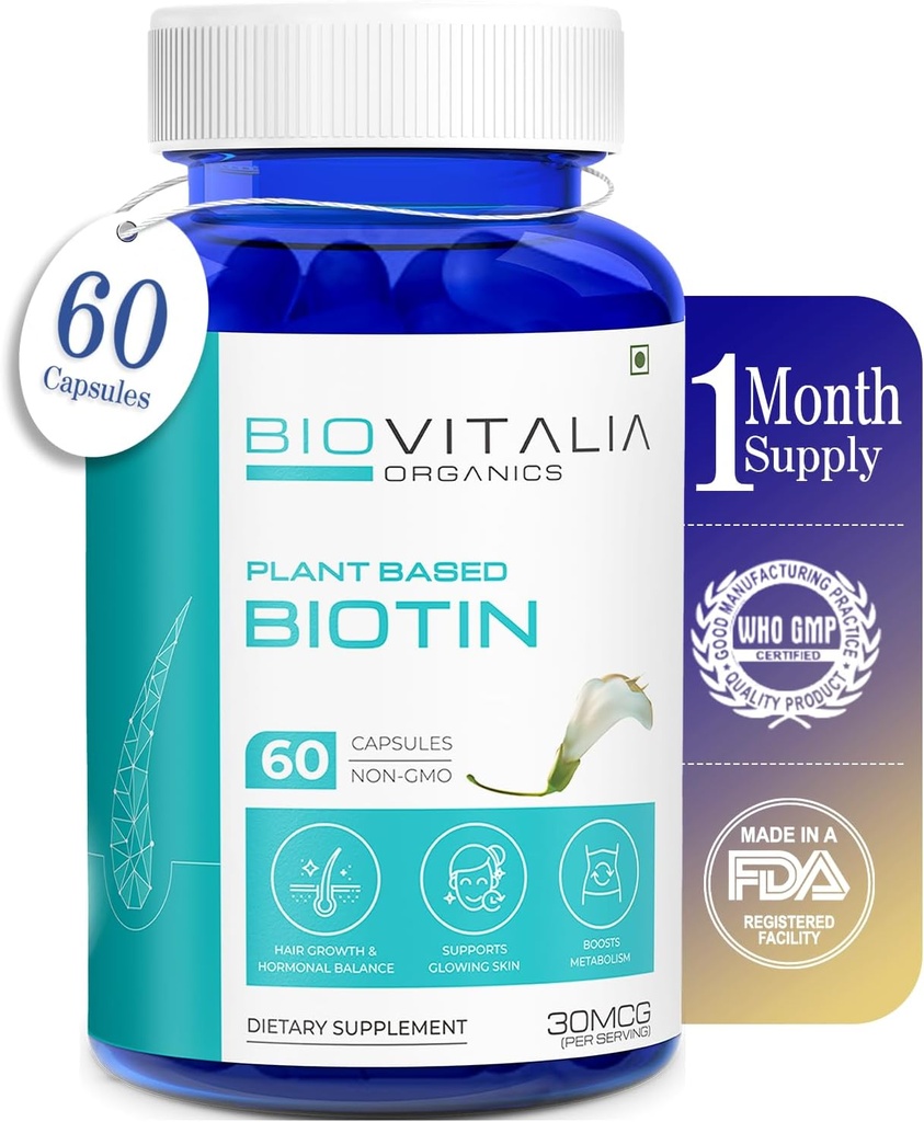 Rośliny oparte na czystej suplementu biotin Capsules- Wsparcie Stronger Nails & Włosy Wzrost wzbogacony Sesbania Grandiflora Nasiona słonecznika Amla Beetroot & Spinach - 60 Kapsułki Veg
