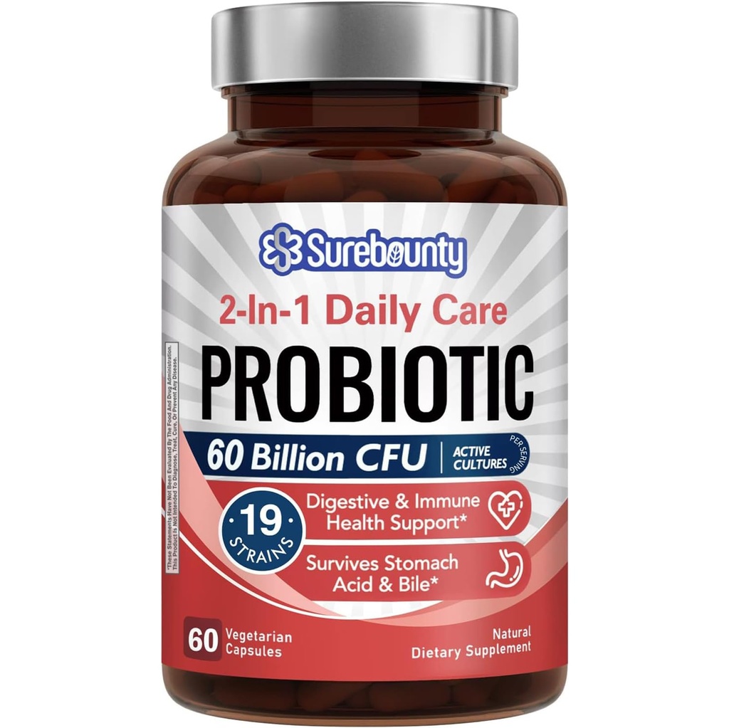 Probiotyka 60 Miliard CFU 19 Szczepy dla mężczyzn i kobiet, z 100mg Prebiotyki, trwałości, 2- in-1 Dzienna Pielęgnacja Probiotyk, Non-GMO, Digestive & Immune Health, 60 Kapsułki wegetariańskie