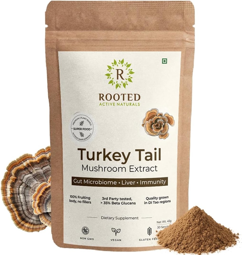 ROOTED Active 's Turkey Tail Mushroom Extract Powder, USDA & EU Certified Organic Equipment 124; 35% Beta Glucans - Lab Verified Equipment 124; Gut Health, Liver, Immunity Support (2.11 Ounce)