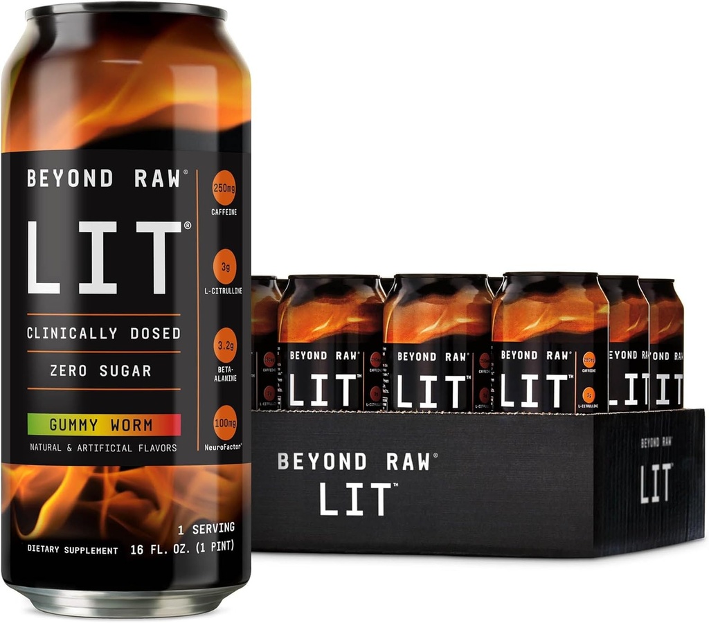 BEYOND RAW LIT pre Workout, Gummy Worm, for Energy, Focus, Intensywność i pompy, z Nitric Oxide Boost, Zero Sugar, 250 mg kofeiny z Beta Alanine, 12 Puszek