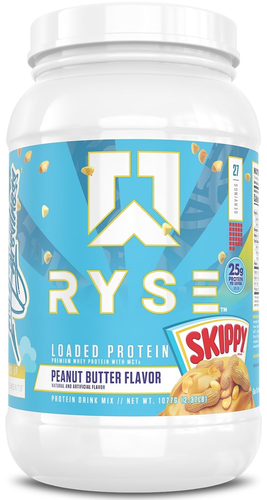RYSE w proszku z białkami nasyconymi - Masło orzechowe Skippy - 25g Izolacja białka serwatki & Koncentrat z włóknem prebiotycznym & MCTs - Niskie węglowodory, niski cukier, Przyjazny do spożycia - 27 Sług / 2 lb Tub